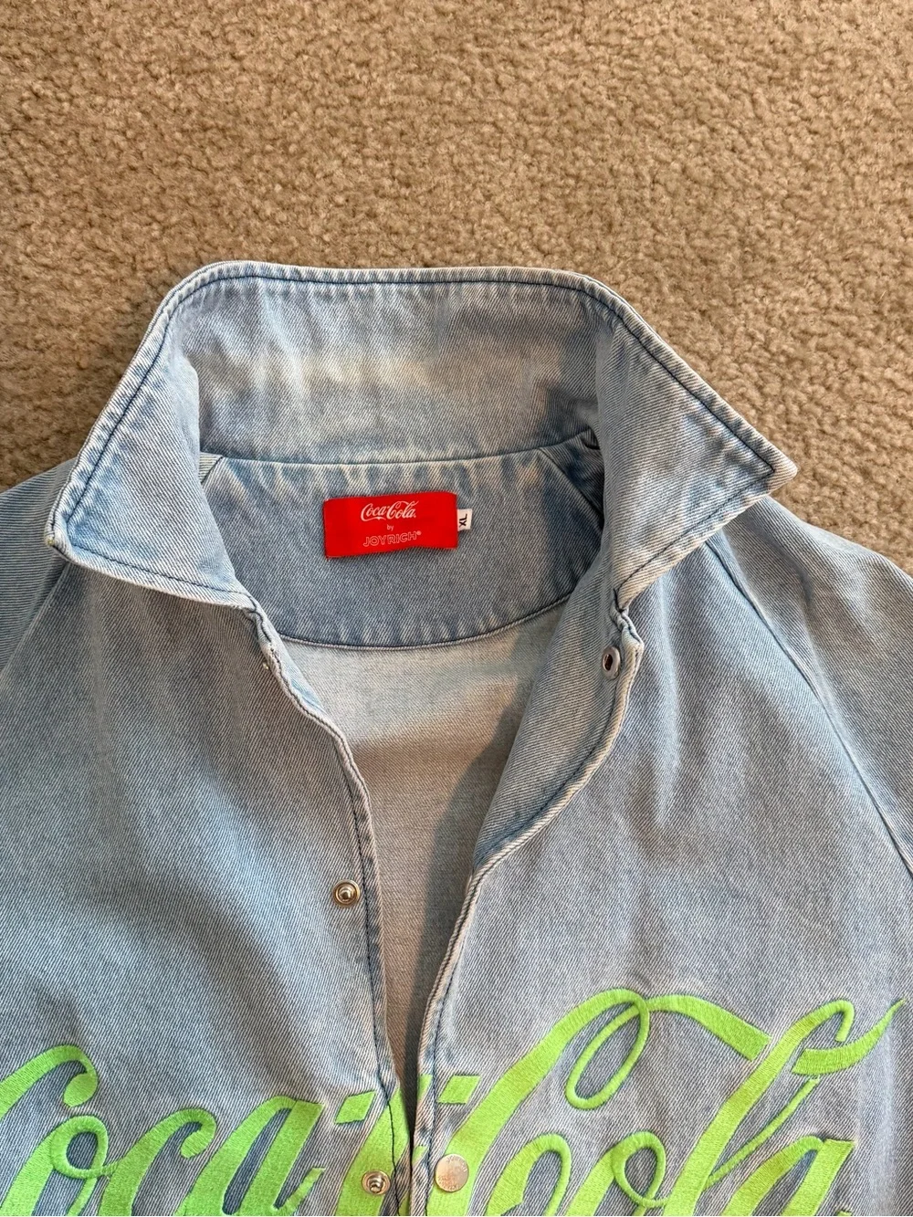 RARE Coca-Cola by Joyrich Blue Denim Jacket Green Logo Snap Front 2017 baggy XL